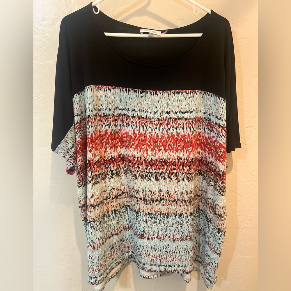 Black and multi color striped short sleeve top with relaxed fit #blouse